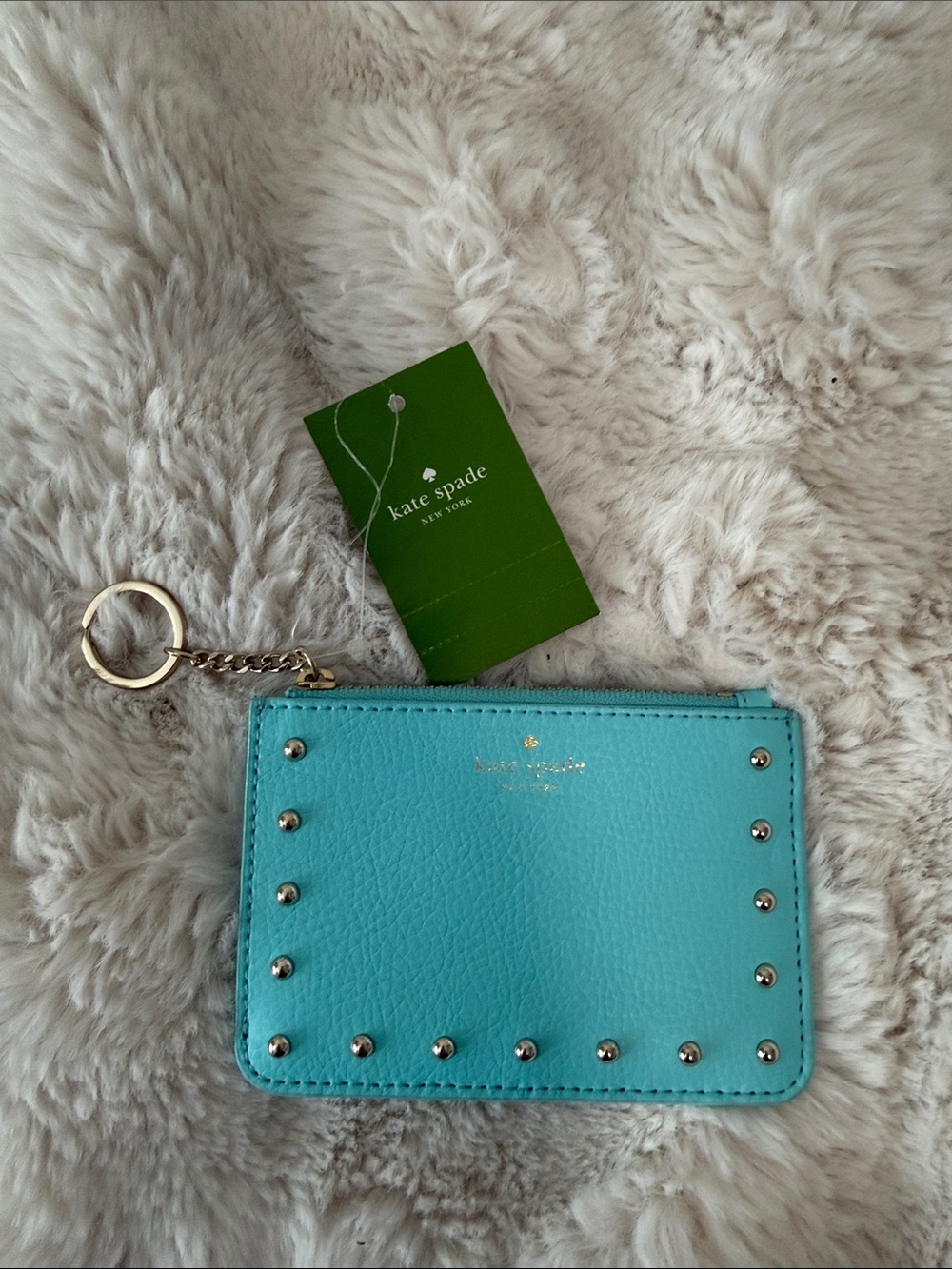 kate spade Turquoise Leather Studded Key & Card Pouch with Gold Hardware